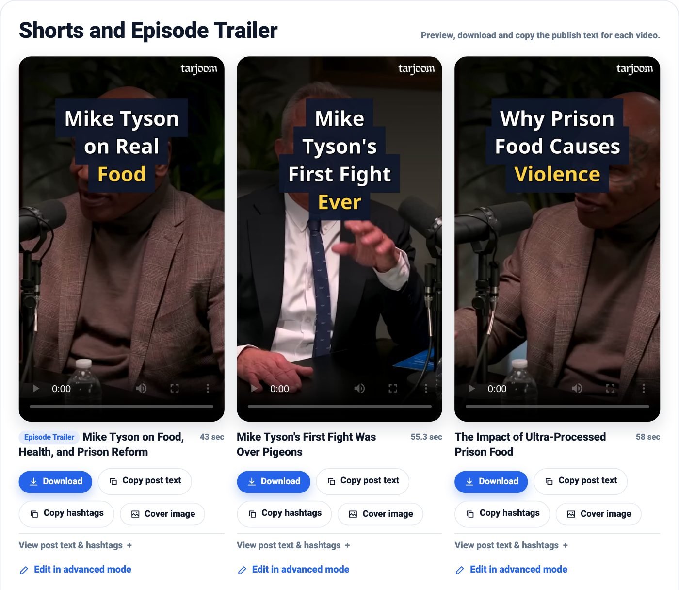 The results page: preview, download and copy the post text for every clip.