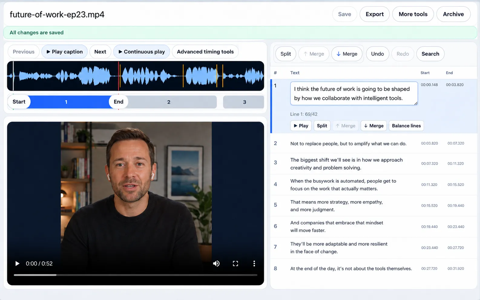 Tarjoom Caption Editor with video preview, captions and waveform timing controls.