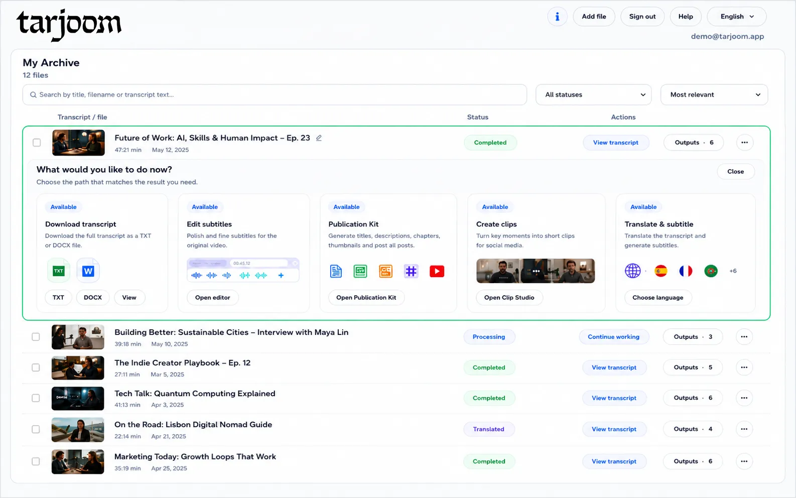Tarjoom workspace with video, transcript and project tools visible.