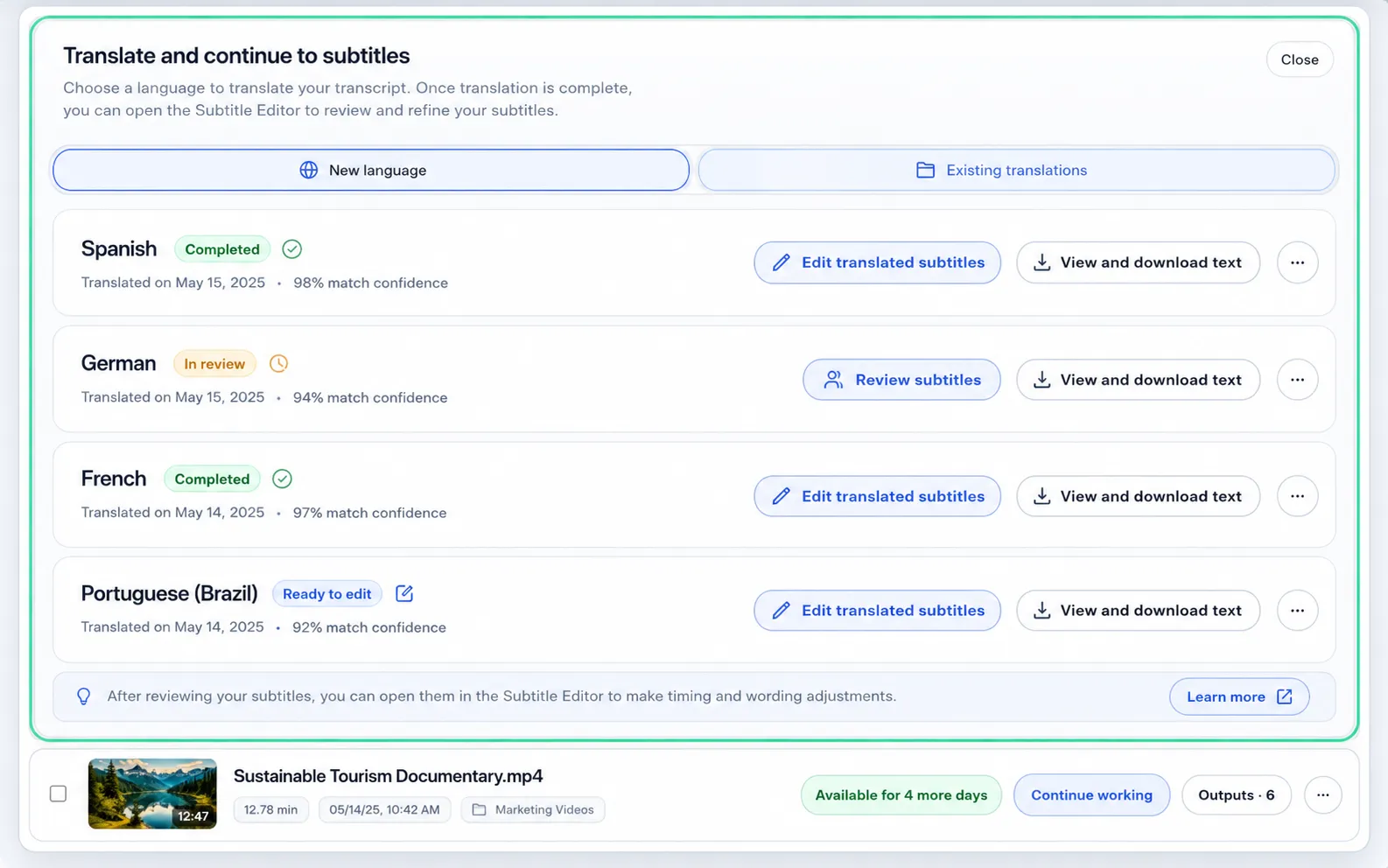 Tarjoom multilingual subtitle workflow with an editable translated caption track.